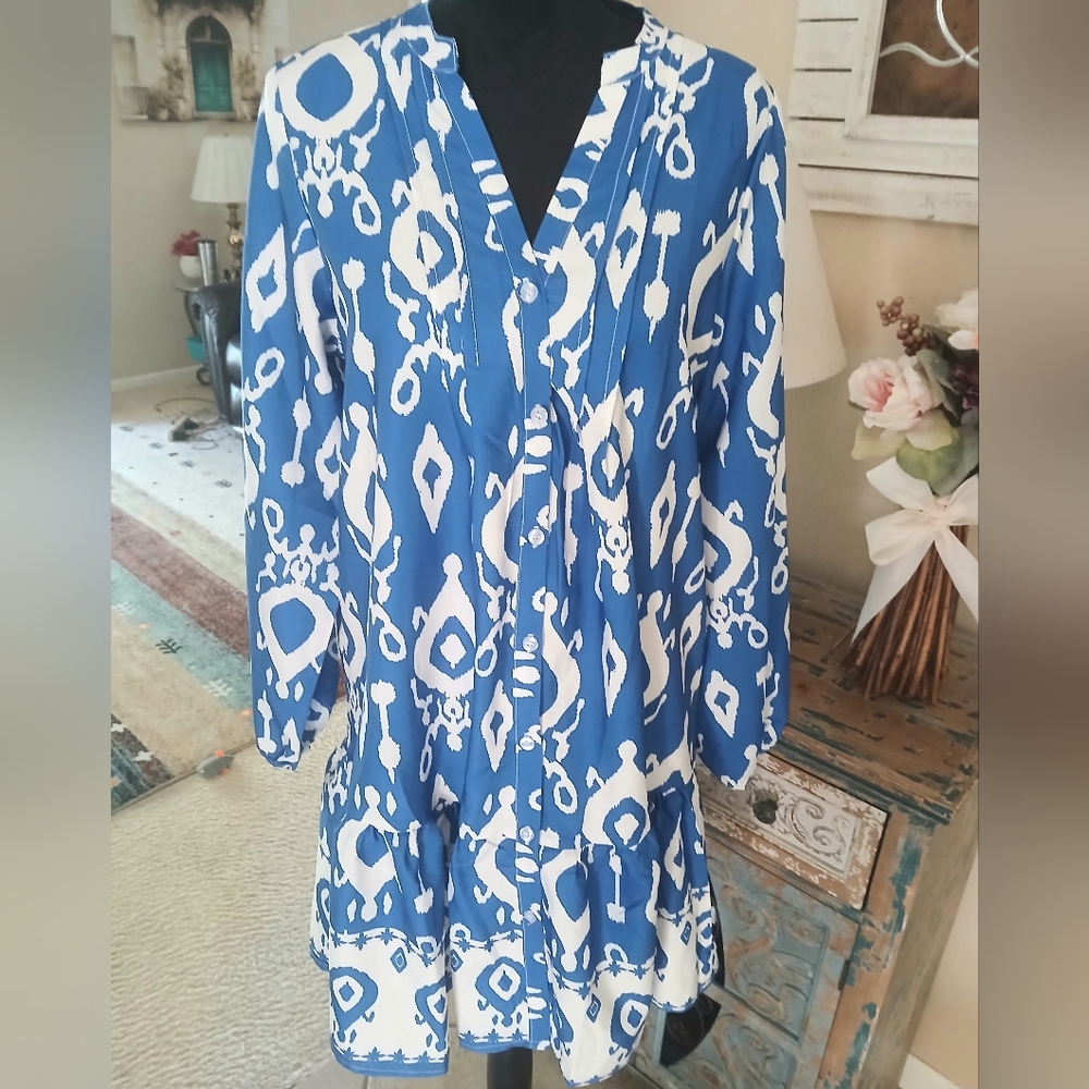 NWOT Zara (?) Blue and White Ikat Print Dress--M